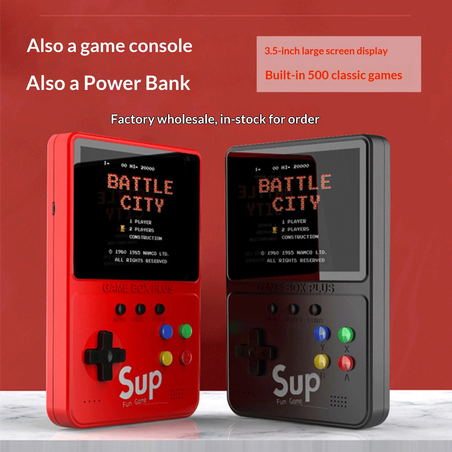 2-in-1 Handheld Game Console & 5000mAh Power Bank 500 Classic Games, 2-Player Mode & TV Output for Travel