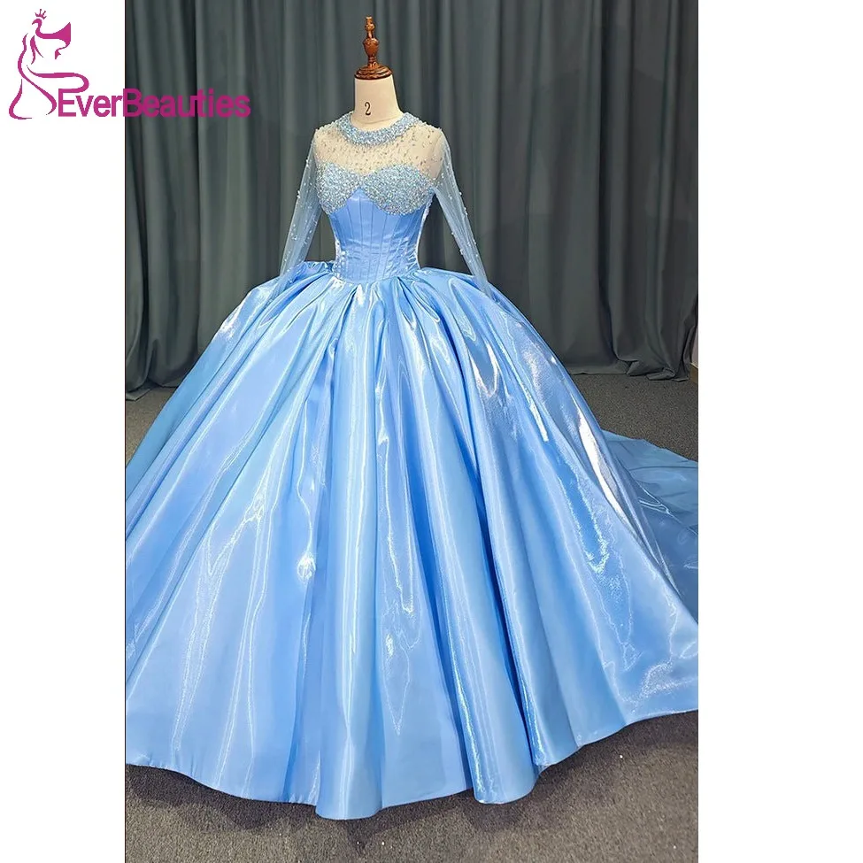 Vestido De 15 Quinceañera Ball Gown Quinceanera Dress Satin Beaded Party Dress Long Sleeves Prom Evening Dress for Women