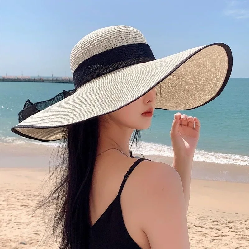 French Elegant Wide Brim Straw Hat For Women Summer Uv Protection Beach Sun Hats Female Chapeau Holiday Ribbon Bow Panama Cap
