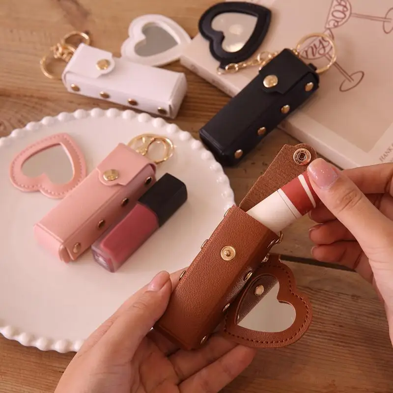 Fashion PU Leather Lipstick Bag Outdoor Portable Mini Lip Gloss Bag Multifunctional With Mirror Makeup Lipstick Holder Women