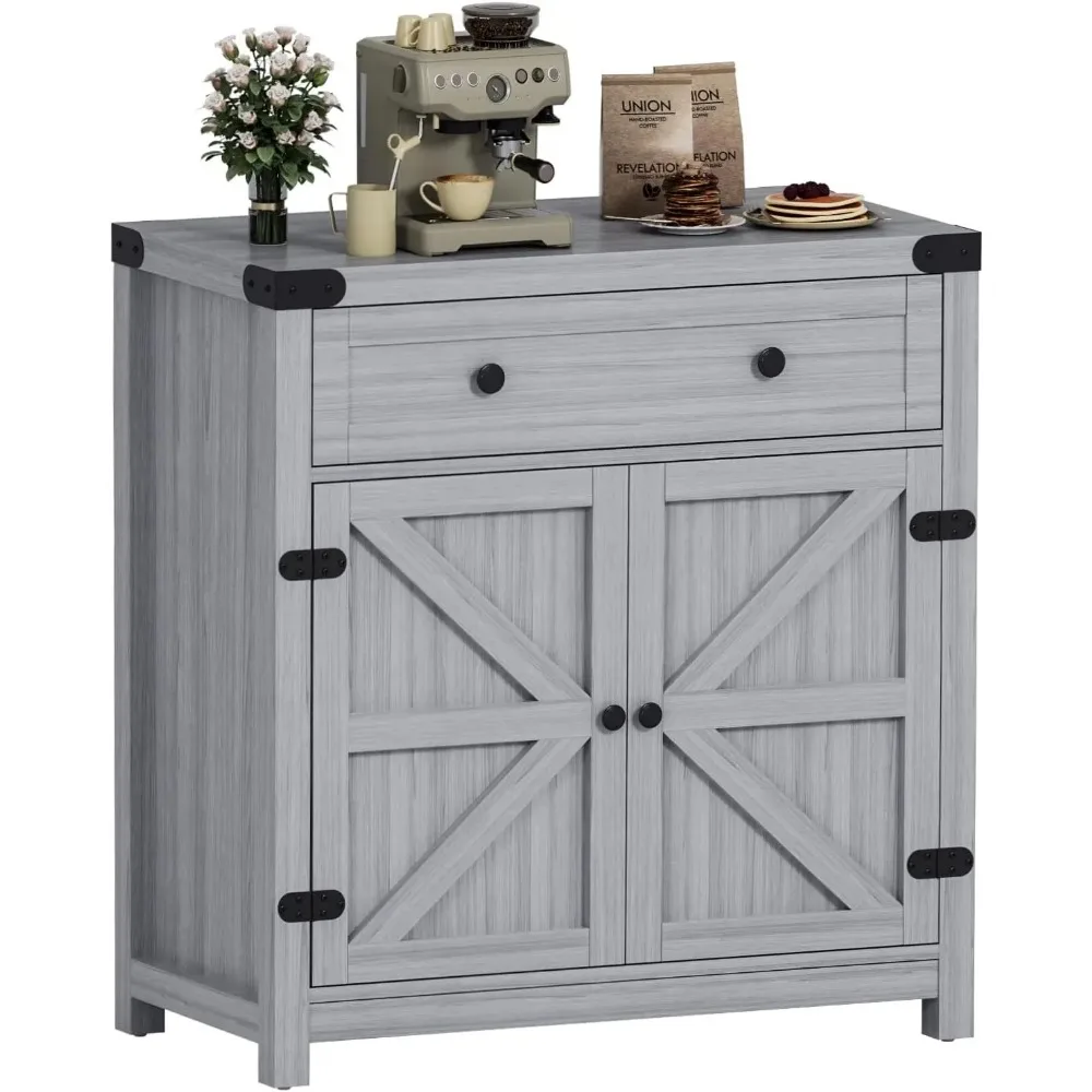 Coffee Bar Accent Cabinet, Farmhouse Barn Door Buffet Sideboard with Drawer and Adjustable Shelf, Wide Desktop for Kitchen, Dini