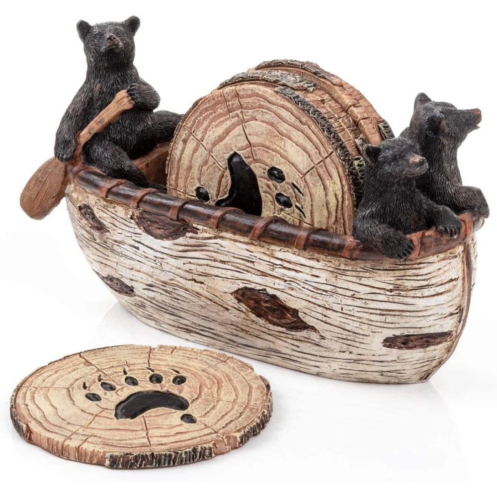 

Bear Coasters Set of 6 FullSize Rustic Coasters in Handmade Canoe with Adorable Black Bear Figurines|Black Bear Cabin Decoration