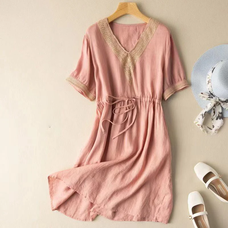 Fashion V-Neck Spliced Embroidery Shirring Bandage Midi Dress Women's Clothing 2025 Summer New Loose Korean Short Sleeve Dress