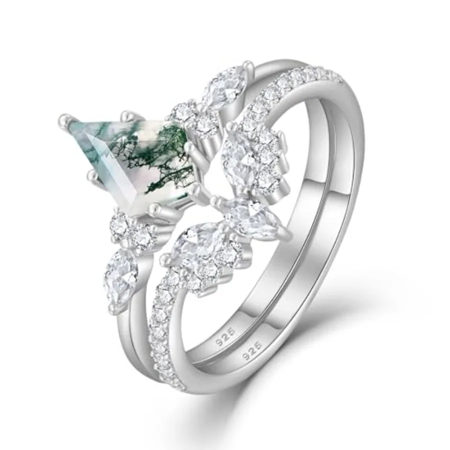 

Fahonie Natural Moss Agate Ring for Women 925 Sterling Silver Kite Cut Moss Agate Engagement Ring Set Moissanite Promise Rings