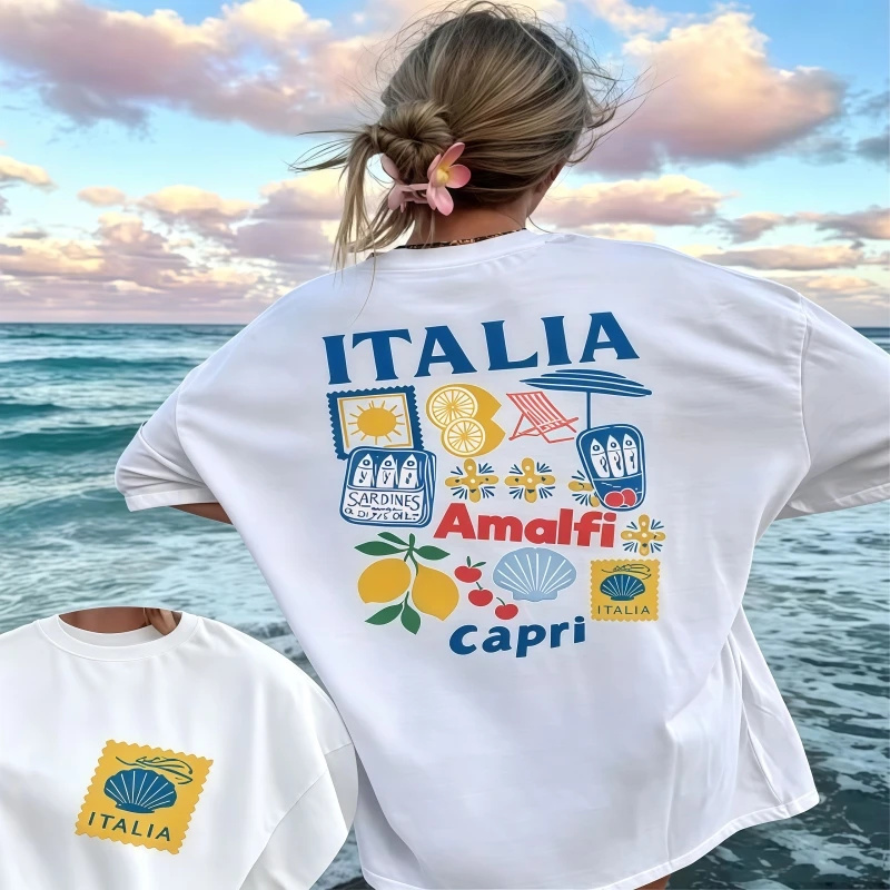 Vintage Italian Collage Print Women's Vintage Sardine Lemon T-shirt Harajuku Street Short Sleeve Summer Loose Top