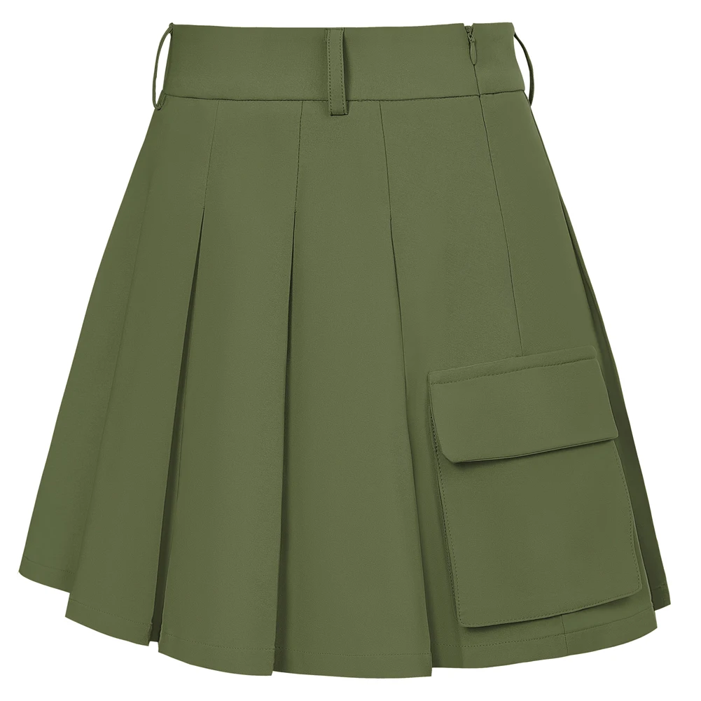 KK Women Pleated Skirt With Pockets High Waist Mid-Thigh Length A-Line Skirt Slim Solid School Uniforms Casual Dress New