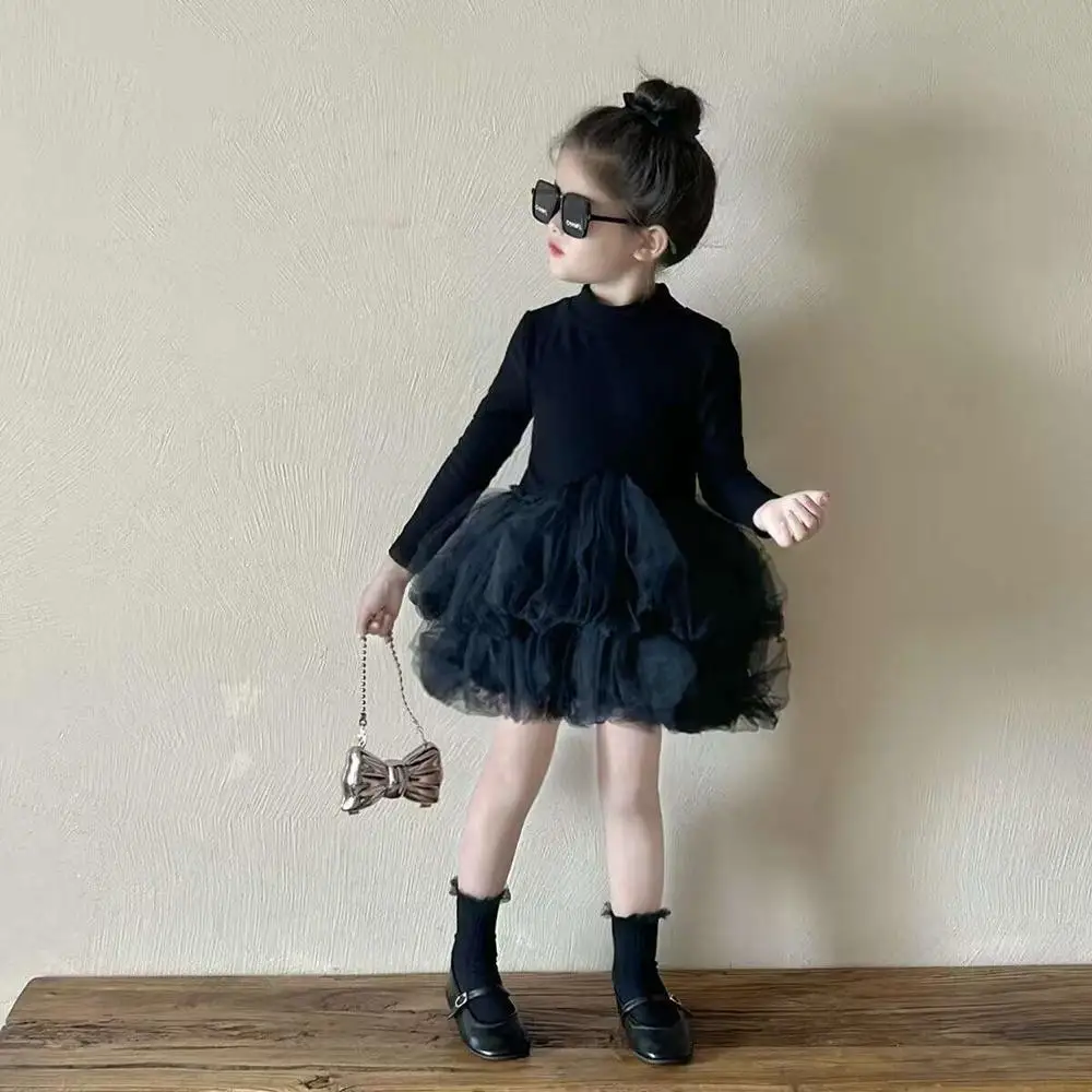 

Сетчатое платье с цветочным бутоном для маленьких девочек, 90-150 см, новое детское черное платье принцессы с длинными рукавами на весну и осень