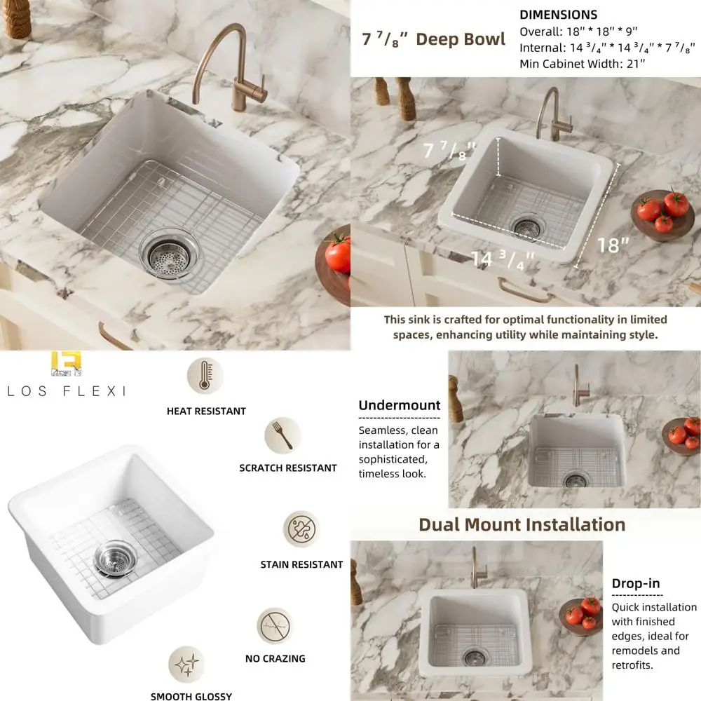 

White 18 Inch Square Kitchen Sink, Undermount Bar Sink, Dual Mount Single Bowl Fireclay Drop-In Sink, Large Capacity Kitchen Bas