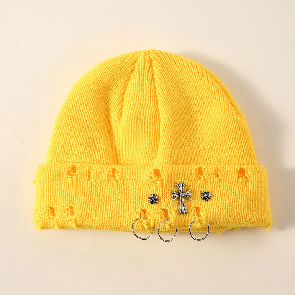 Neue Unisex Strickmütze mit Teufelshörnern Halloween Distressed Skull Cap Hip Hop Winter Warme Garnmütze für Männer Frauen – Detail 13