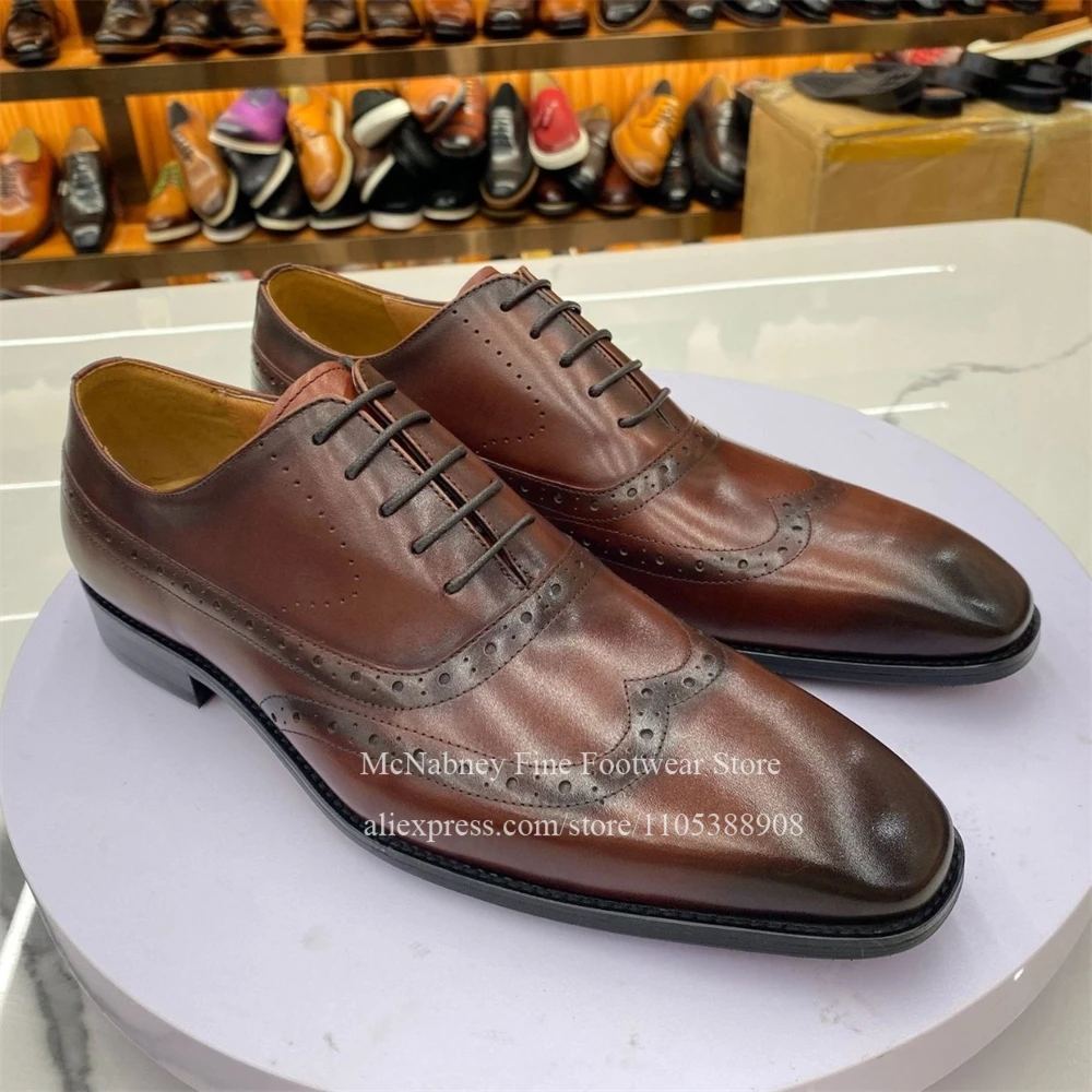 Gradient Leather Brogue Wingtip Lace up Men Formal Shoes Round Toe Business Wedding Office Texture Gentlemen Dress Shoes Autumn