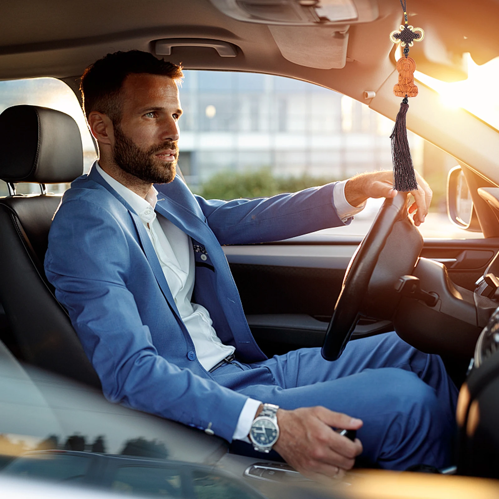 

Wooden Car Decor Elegant Rear View Mirror Hanging Ornament Durable Zen Piece Good Fortune Success Gift