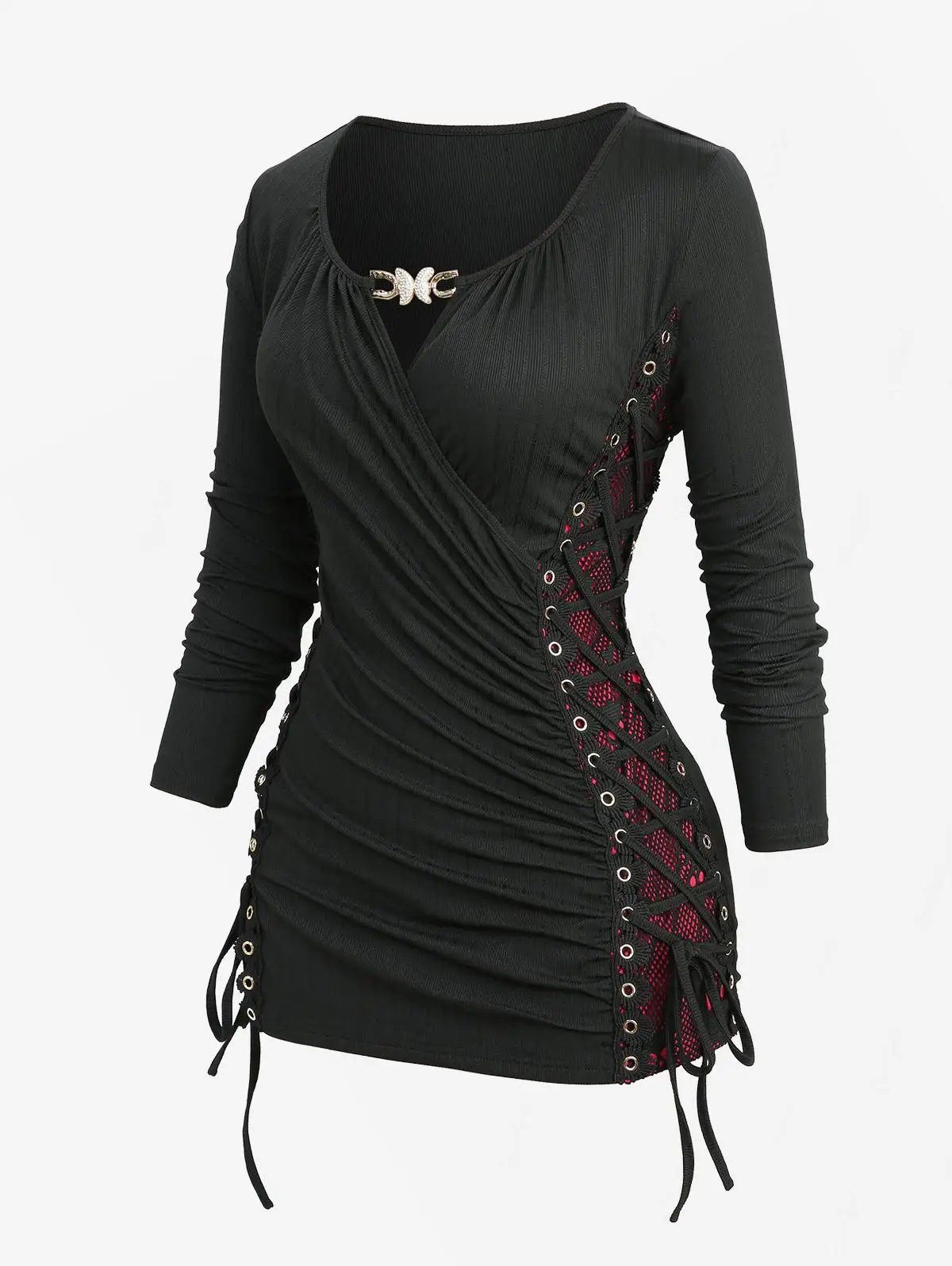 روزغال حجم كبير Surplice فراشة مشبك طويل الأكمام أعلى 2025 الخريف زي غير رسمي الجمجمة شبكة صيد السمك الدانتيل يصل الجانب Ruched تيز #2