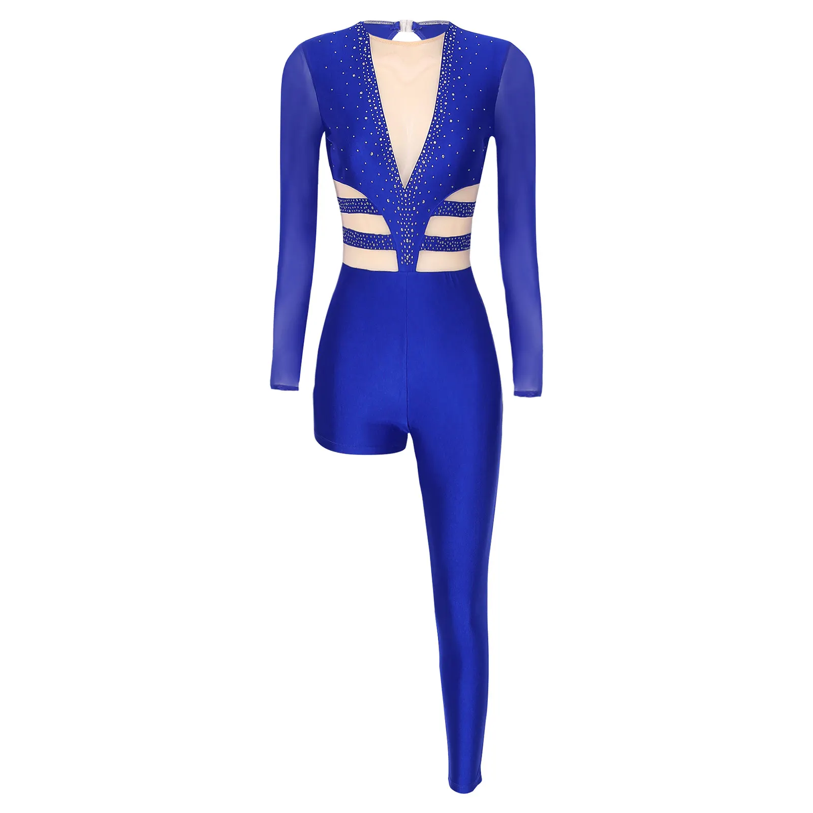 Womens Asymmetrical Jumpsuit Single Leg Mesh Rhinestones Ballet Gymnastics Full Bodysuit Latin Dance Figure Skating Costume