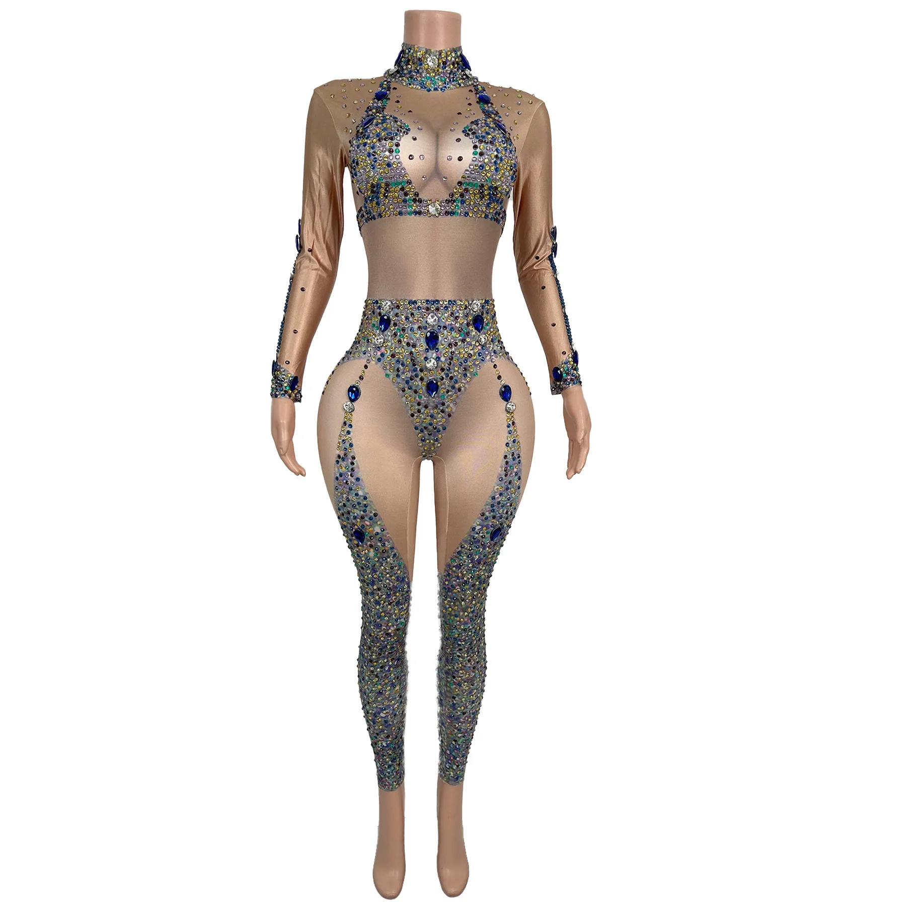 Bailanlan High Elasticity Women Jumpsuit Colorful Rhinestone Prin Large-Sized Tight Fitting Jumpsuit Bar Stage Performance Suit