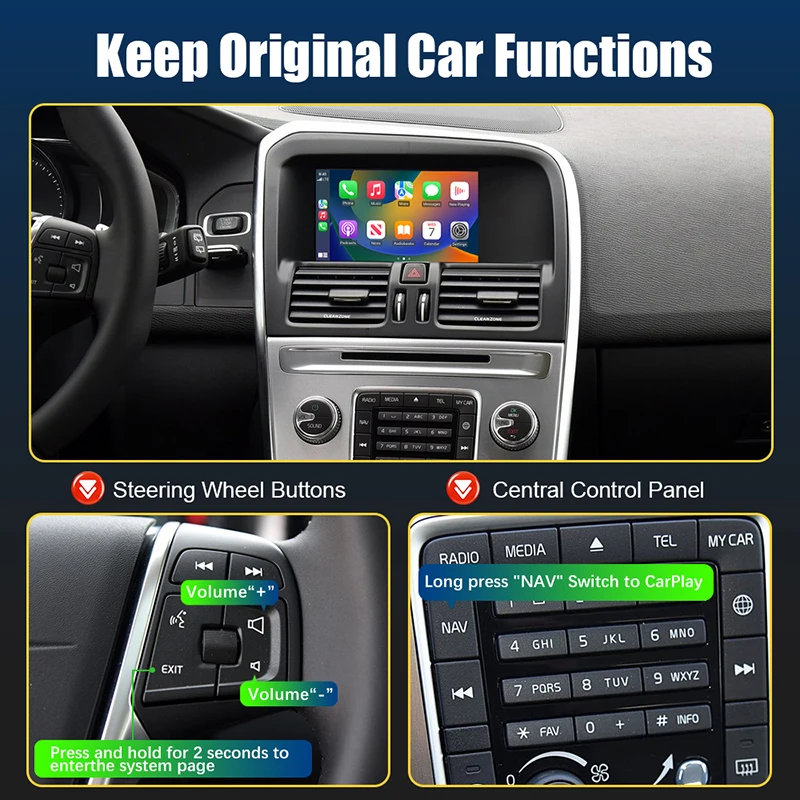 Bezprzewodowy CarPlay dla Volvo V60 XC60 2015 Android Auto interfejs Mirror Link AirPlay multimedialna nawigacja USB obsลuga tylnej kamery