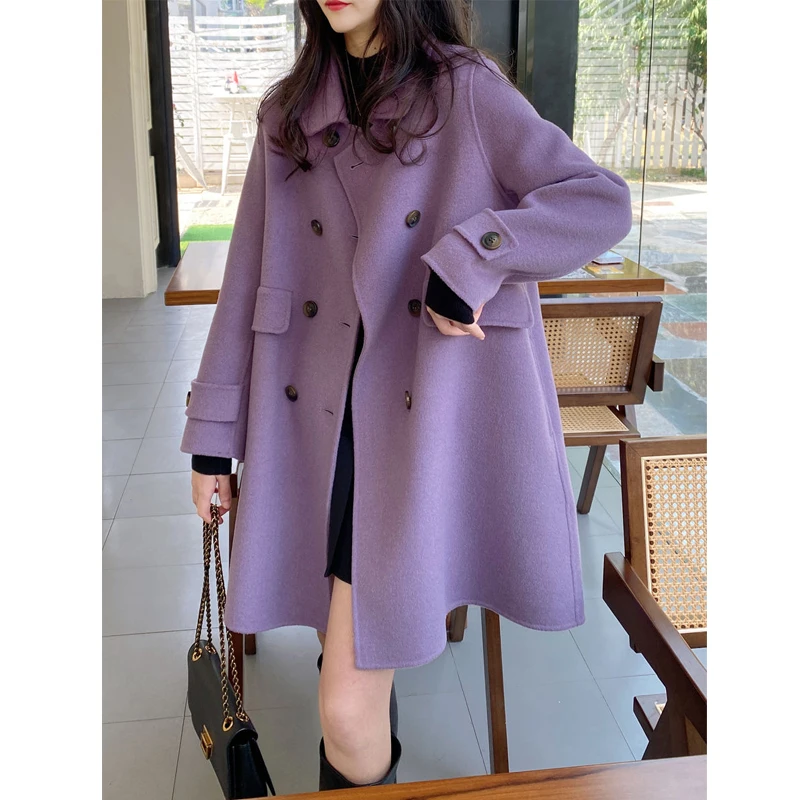 Winter Clothes Women Korean Fashion Elegant Double-breasted Cashmere Overcoat Solid Long Sleeve Loose Mid Length Woolen Jacket