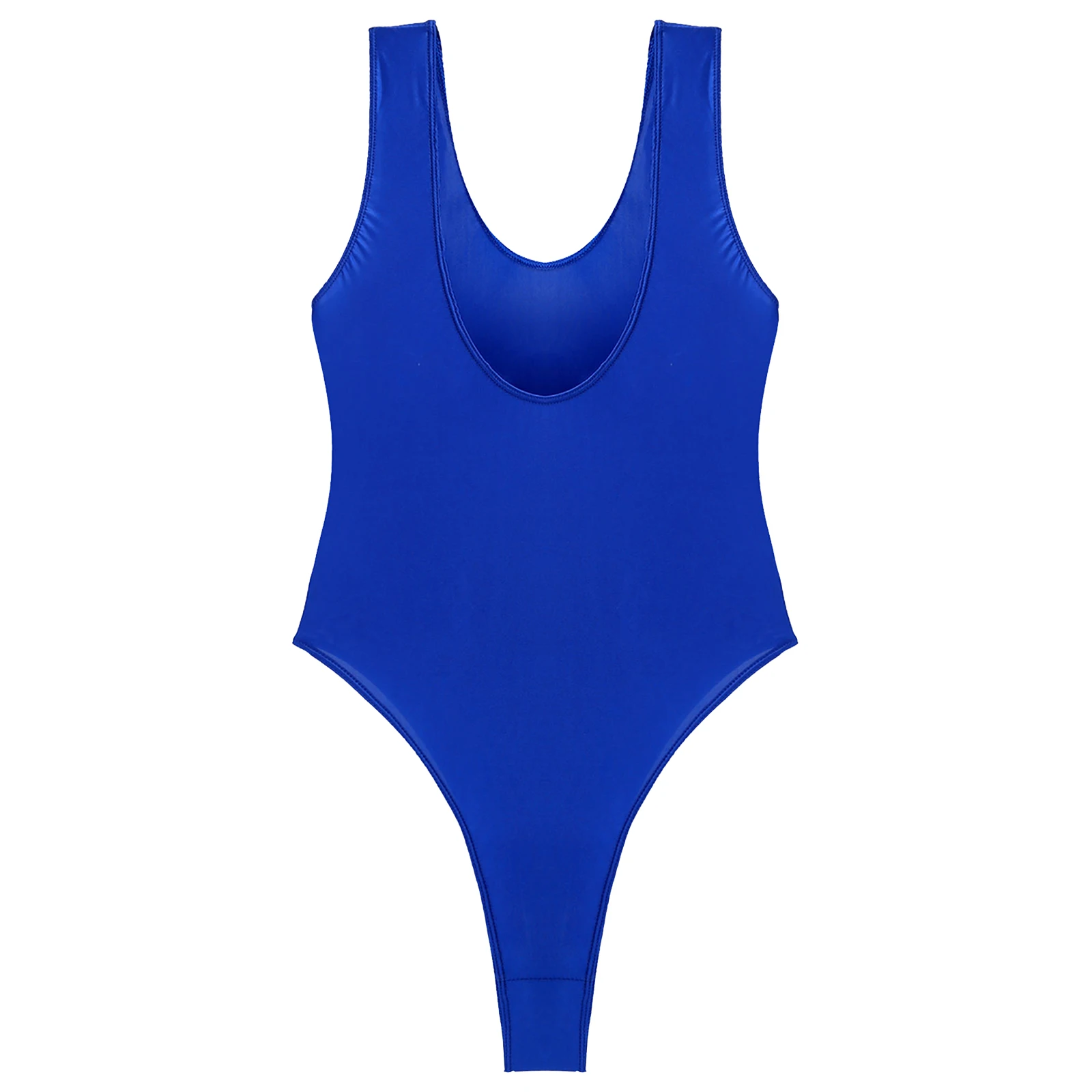 Womens High Cut Slim Fit Bodysuit Swimsuit Glossy Stretchy Swimming Suit One-Piece Swimwear Round Neck Sleeveless Swimming Suit