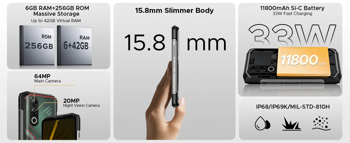 DOOGEE Blade20 Plus Rugged Smart Phone Helio G100 11800mAh Battery 48GB RAM(6+42) 256GB ROM Android 16 64MP AI Main Camera NFC Widevine L1 Support Mobile Phones