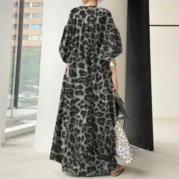 MODX Japanese and Korean New Leopard Print Standing Neck Bubble Sleeve Fashion Loose Casual Bohemian Shirt Dress