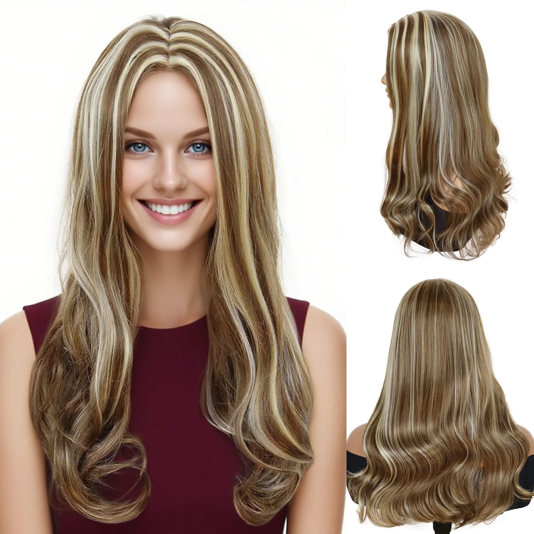 

Женская мода Синтетический длинный коричневый вьющийся парик со светлыми бликами Волнистый парик с челкой Ежедневное использование Костюм для вечеринки Термостойкий