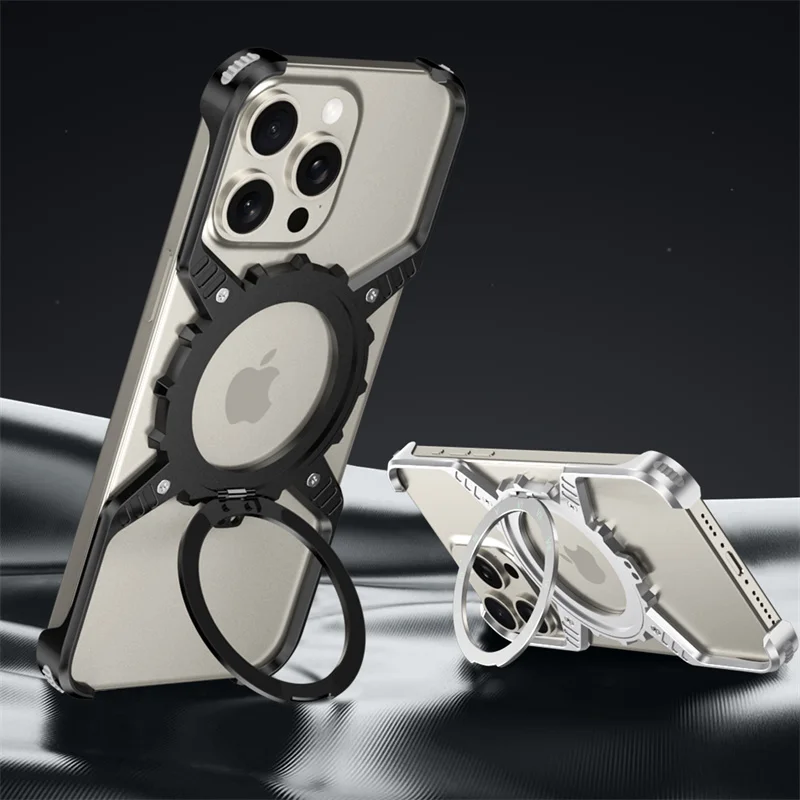 Magnetic Metal Aluminium Alloy Rimless 360° Bracket  scale luminous Phone Case For iPhone 16 15 14 13 Pro Max Shockproof Cover