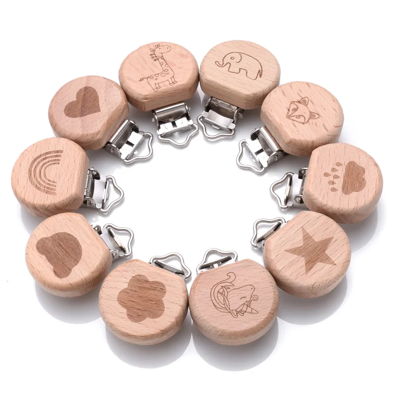 5Pcs/Lot Baby Beech Wood Pacifier Clips For Baby Chew Feeding Accessory Wooden Dummy Clip DIY Nipple Chain Holder Teething Chain