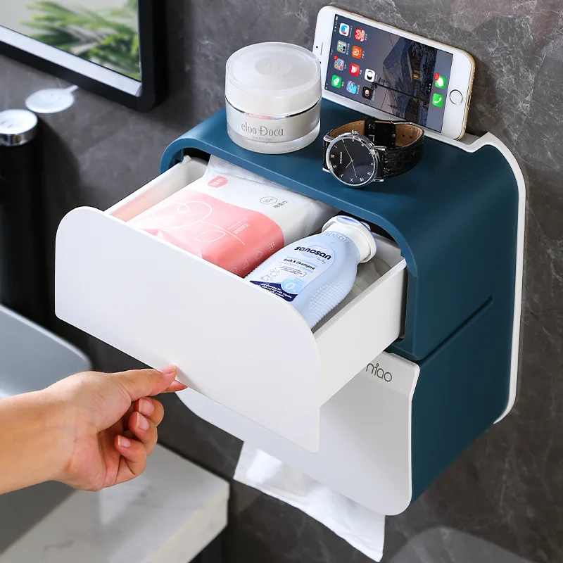 Paper towel box double layer waterproof toilet shelf wall mounted roll paper drawer white toilet paper holder paper towel holder