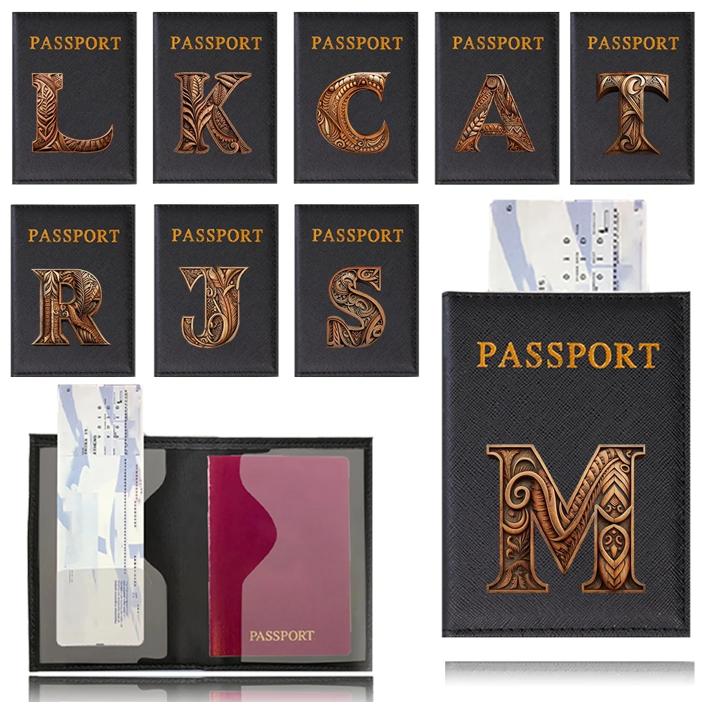 PU Passport Cover Protective Black Color Travel Passport Ticket Holder Case Wood Art Print Series ID Card Clip Bags