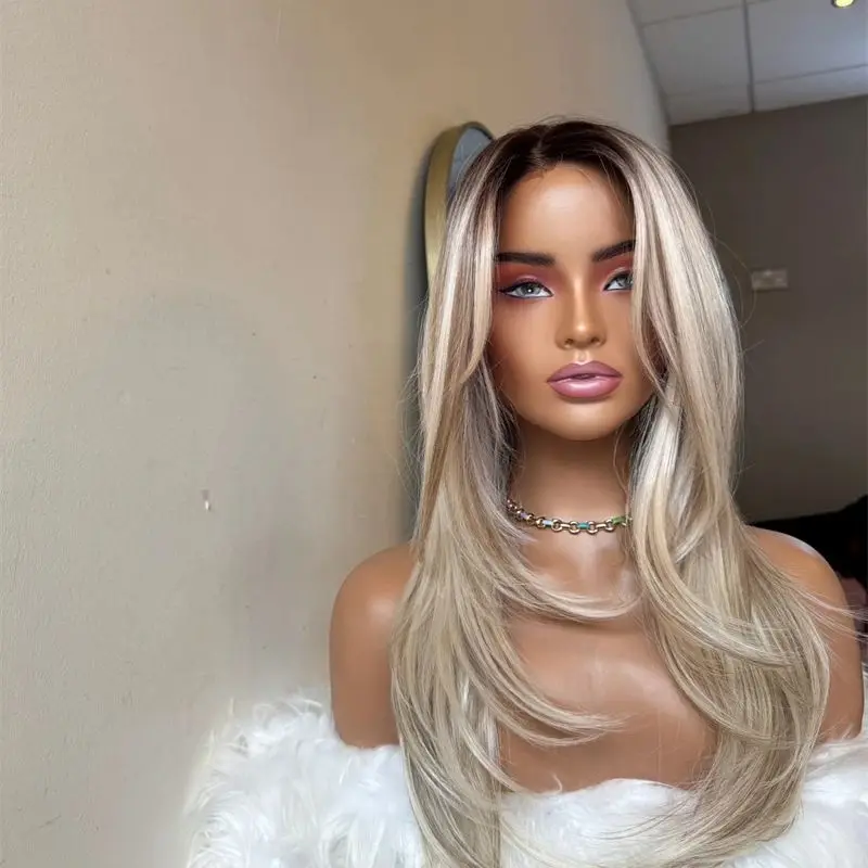 

Bleached Knots Blonde Balayage with Soft LowLights HD Synthetic Lace Front Wig Layered 24 Inches Wig For Women Ash Blonde Wigs