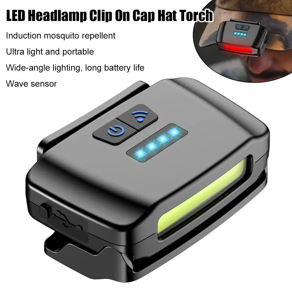 Smart Sensor Cap Clip Light USB Rechargeable Hands-free Headlamp LED Hat Flashlight for Night Running, Hiking And Fishing