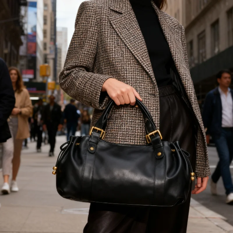 

Fashion Tote Bag Luxury Vintage Handbag Side Drawstring Soft Leather Pleated Women's Shoulder Bag Magnetic Snap Closure Handbag