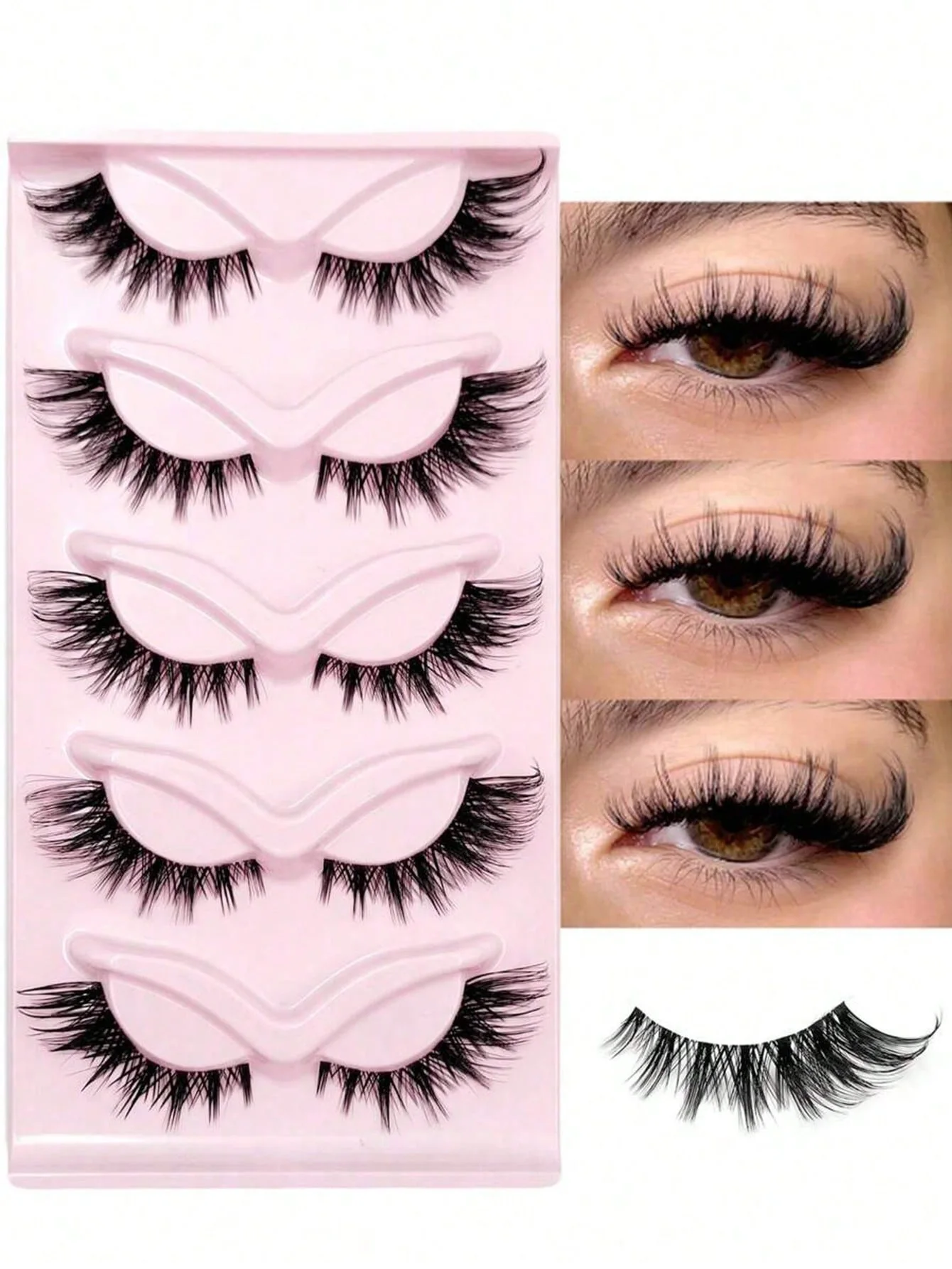 斜めのフォックスアイつけまつげ5組、ナチュラルで魅力的、目を引く、外側の角が細長い、透明なステムのつけまつげ