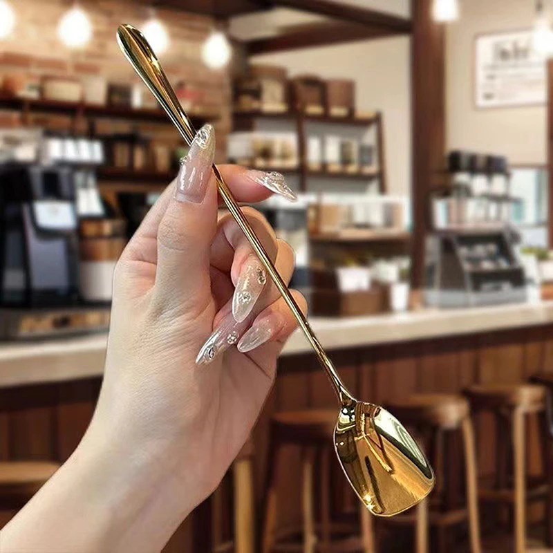 Stainless Steel Round Spoon Net Red Golden Dinner Long Handle Stirring Dessert Spoons For Kitchen Accessories Gadgets