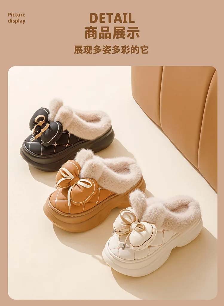 8 cm hohe Pantoffeln für Damen, klobige Plattform, Winter, pelzige Schleifenschuhe, Damen-Hausschuhe aus Kaninchenfell, wasserdichte Hasen-Mules, Clog-Schuhe – Detail 9