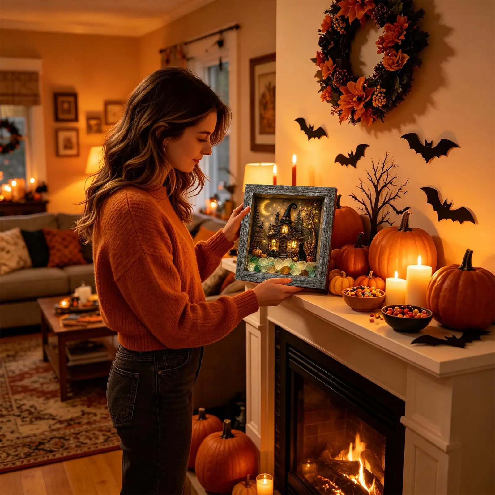 Sea Glass Framed Artwork Sea Glass Stone LED Memory Box Set 21.5x21.5x3.7cm Lighted Halloween Table Decor For Mantel Dinner - view 3