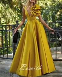 Bowith Yellow Evening Dresses Sleeveless Deep V Neck Long Dress For Dancing Party A-Line Elegant Big Flower Prom Gowns vestidos