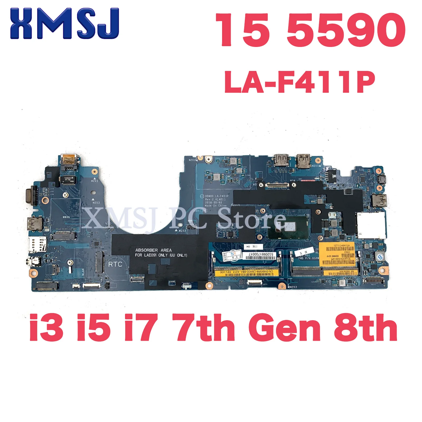 XMSJ For Dell Latitude 15 5590 Laptop Motherboard CN-04H855 0XPMY5 DDM80 LA-F411P Mainboard W/ I3 I5 I7 7th Gen Or 8th CPU