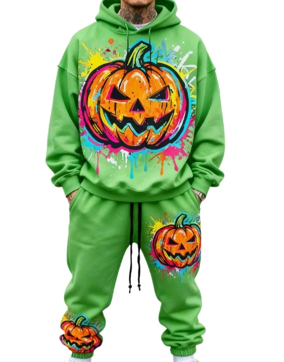 Men's and Women's Pumpkin Pattern Hoodies and Pants Sports Comfort Set