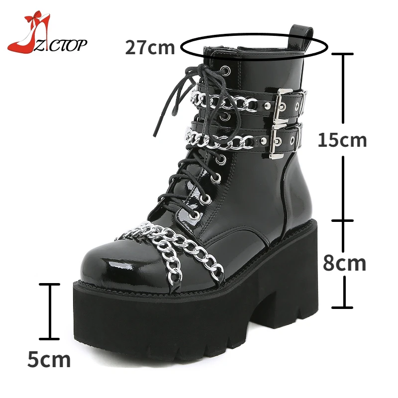 Black Platform Boots for Women Chunky High Heels Ankle Boots Lace Up Metal Chain Gothic Punk Shoes Plus Size 42 43