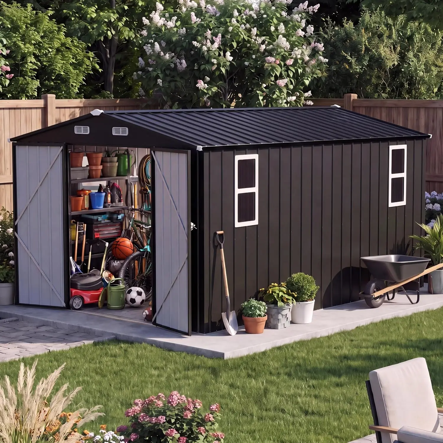 10x12 FT Outdoor Storage Shed with Windows, Heavy Duty Steel with Double Lockable Doors, Gable Roof & Air Vent, Customized