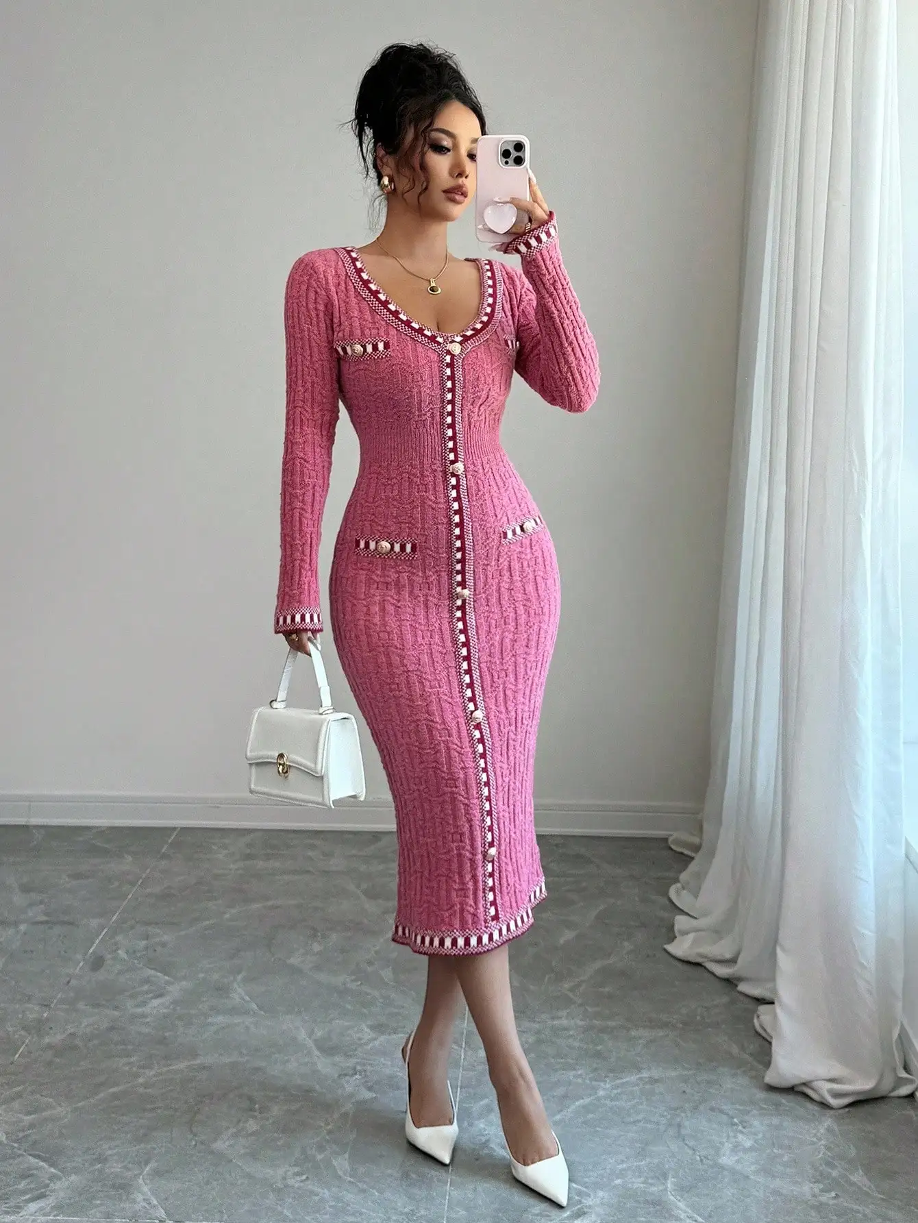 

Pink Knit Long Sleeve Button-Up Dress with Pearl Trim, V-Neck & Pockets, Fall Winter Elegant Style
