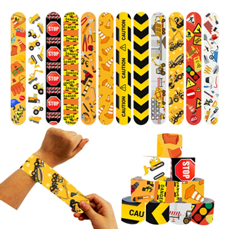 

Engineering Vehicle Slap Bracelets Traffic Sign Construction Car Excavator Circle Clap Happy Birthday Party Gifts Kids Boy Favor