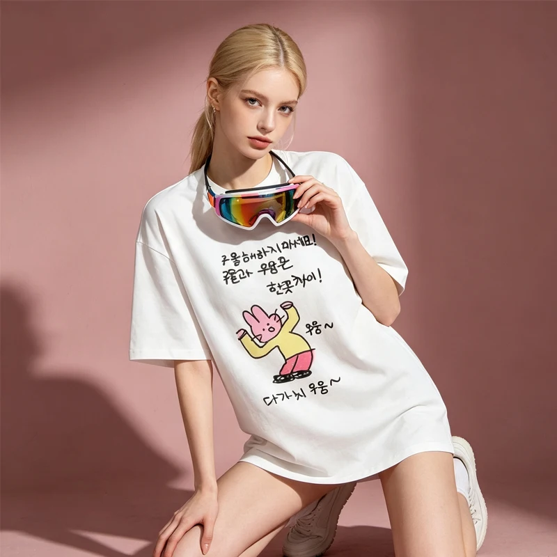 Funny Korean Men's Women's T-shirt Dancing Rabbit T-Shirt Style Graphic Tee Cute Bunny Print Casual White Short Sleeve Crewneck