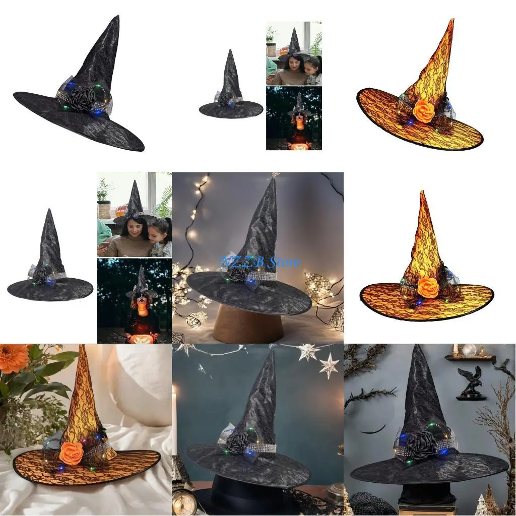

T21F Witch Hat for Adult with Flower Light Up Wizard Hat Halloween Headwear Cloche Hat Holiday Headwear RolePlaying Stage Hat