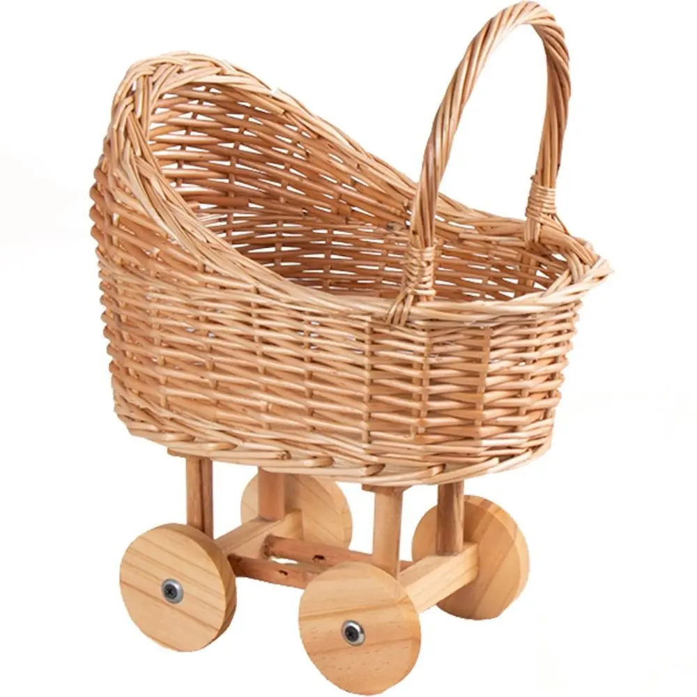 Woven Flower Basket Stroller Shaped Large Candy Basket Floral Arrangements with Handle Carriage Planter Photography Props