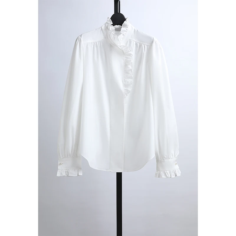 

Ele Pure Cotton Long Sve irt Floral Collar Straight Cut White Women's Spring New Arrival Casual Breathable Button up