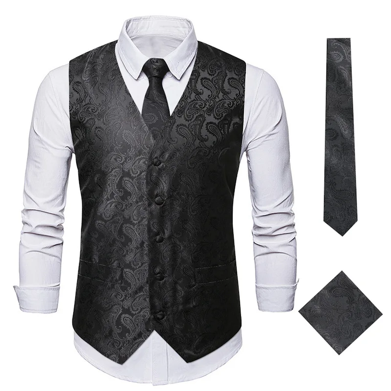 Men's Black Solid Paisley Suit Vest with Necktie Bow Tie Handkerchief  Formal Waistcoat for Wedding Prom Tuxedo