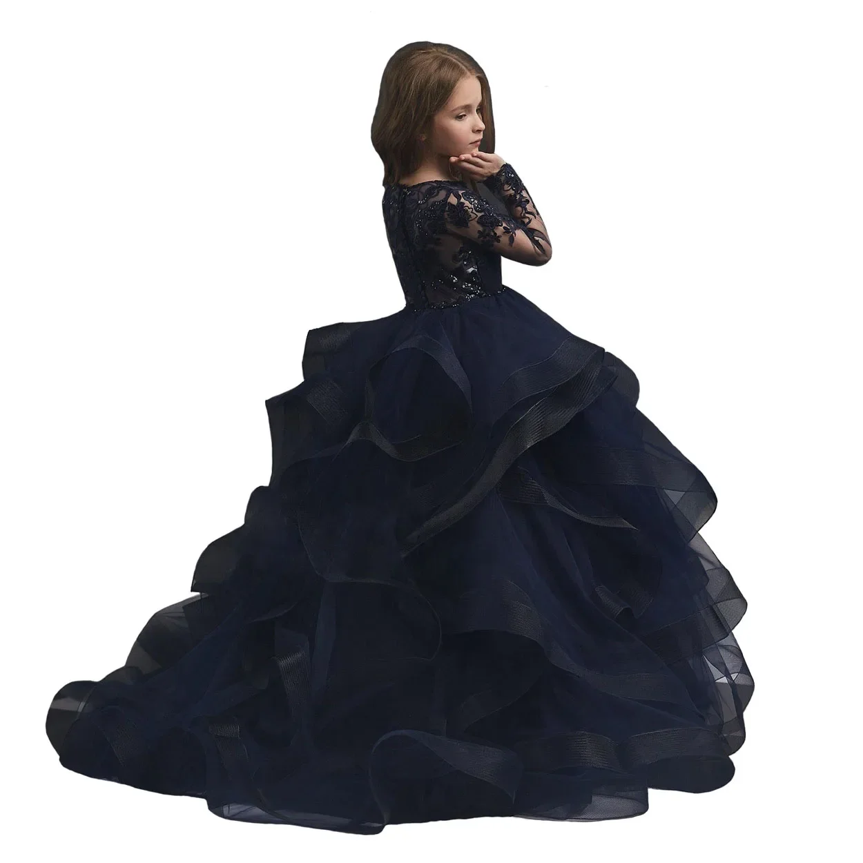 Tulle Flower Girl Dress For Wedding Sequined Lace Princess Pageant Dresses Toddler Girls Full Sleeve Birthday Party Ball Gown