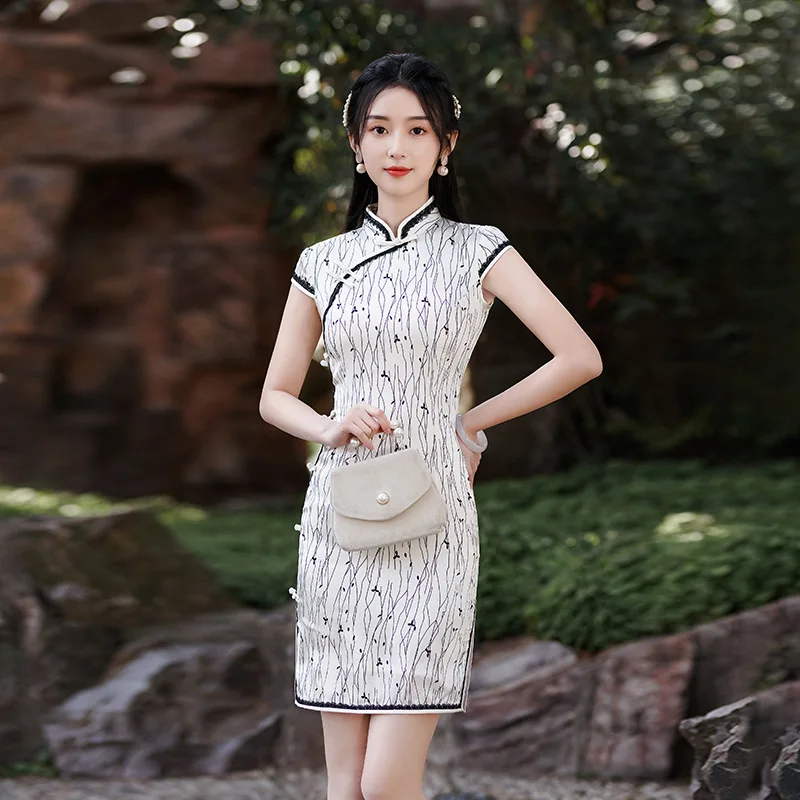 

High Quality Summer Young Improved Dress Women Real Silk Cheongsam Qipao Short