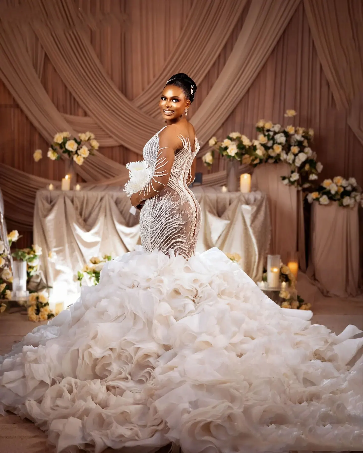 New Mermaid Wedding Dress Sexy Beads Sequins 3D-Lace Long Sleeve Bridal Gowns Woman Robe Vestido De Noiva Plus Size Customized
